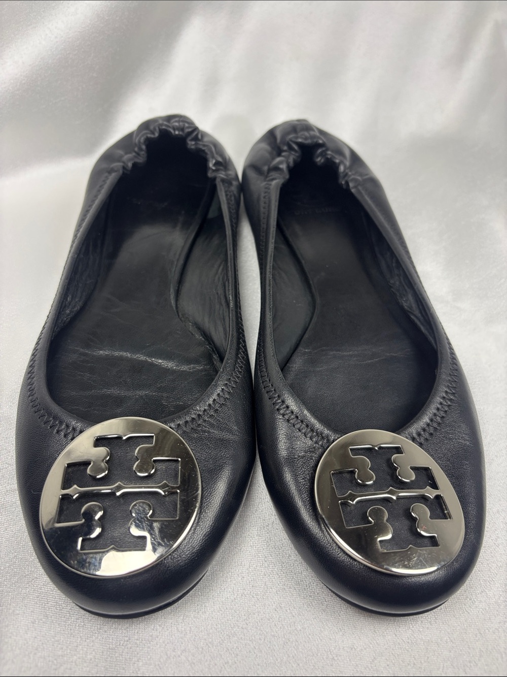 Tory Burch Black Leather Ballet Flats with Silver Logo Medallion
